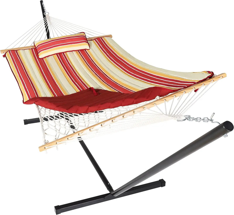 Hamac sur Pied 2 Places, Support Acier 365 cm, Toile Matelassée Rayée