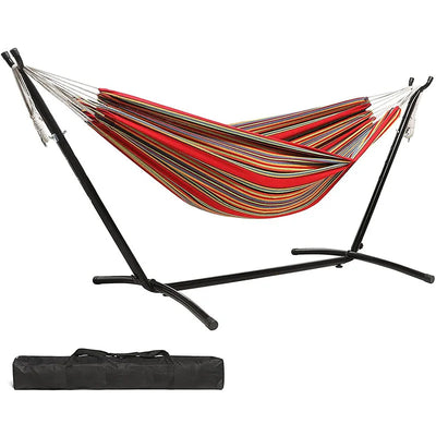 Hamac sur Pied en Toile de Coton Rayée, Support Acier 260 cm et Sac de Transport