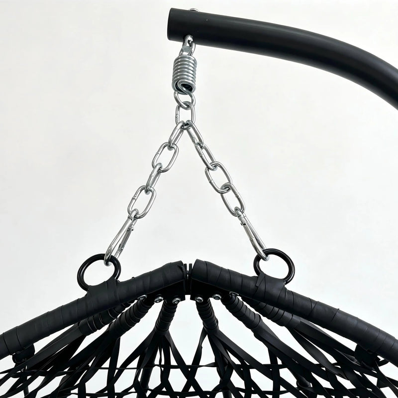 Fauteuil Suspendu Pliable Tressé Noir avec Pied en C et Coussin Noir, vue 4