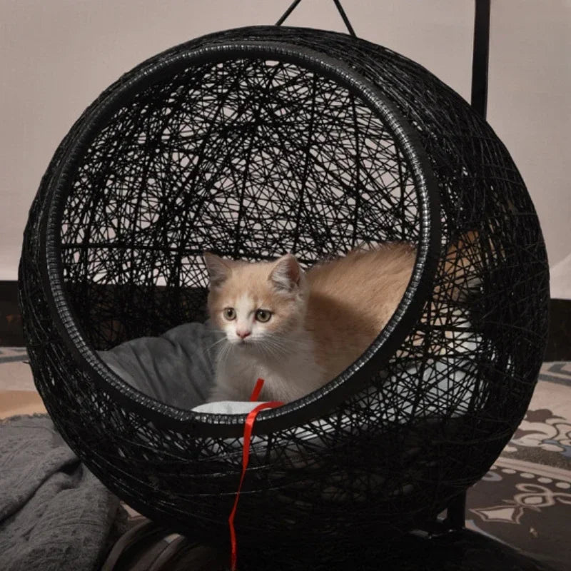 Hamac pour Chat Suspendu, Nid Rond Tressé avec Support en Fer, vue 3
