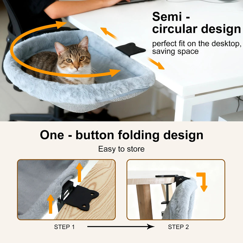 Hamac pour Chat de Bureau à Pince, Pliable en Un Clic, Demi-circulaire en Peluche Grise, 44 x 46 cm, vue 4