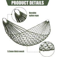 Hamac de Camping en Filet de Nylon Vert Militaire avec Anneaux Métalliques, vue 2