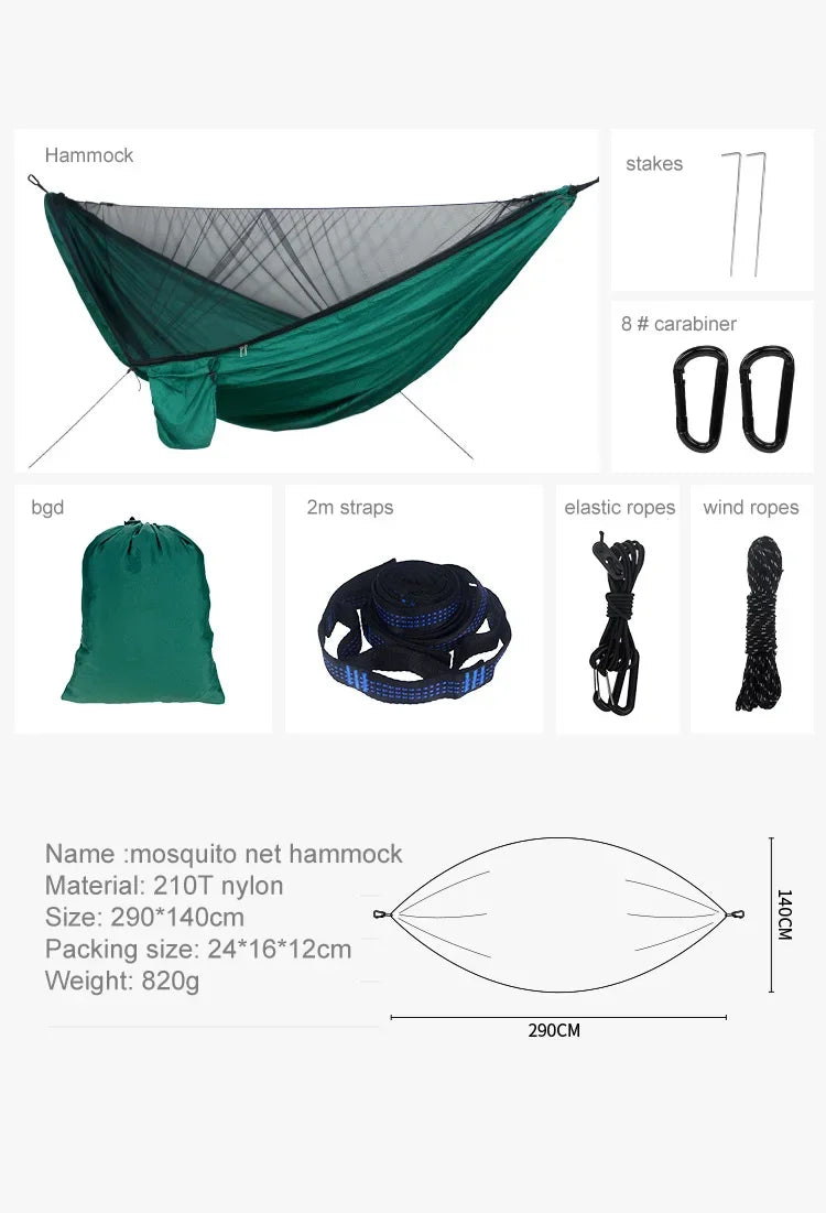 Hamac de Camping avec Moustiquaire, Nylon 290 x 140 cm, Sangles Incluses, vue 3
