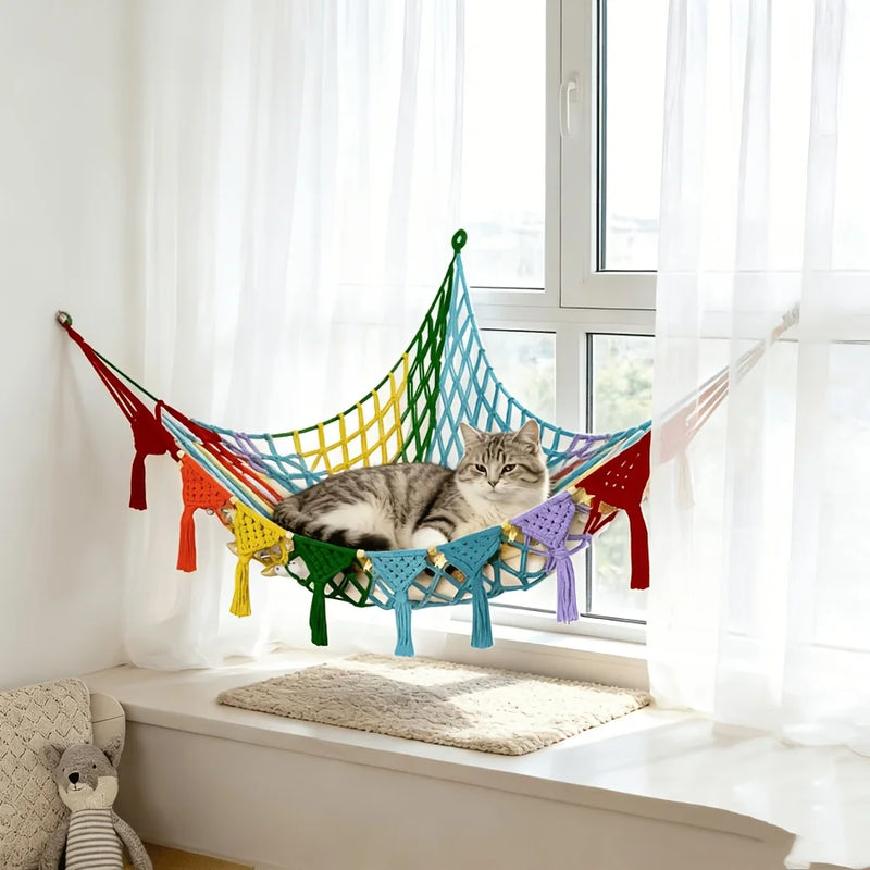 Hamac pour Chat Mural d'Angle en Filet de Macramé, Franges, 4 Coloris, vue 2