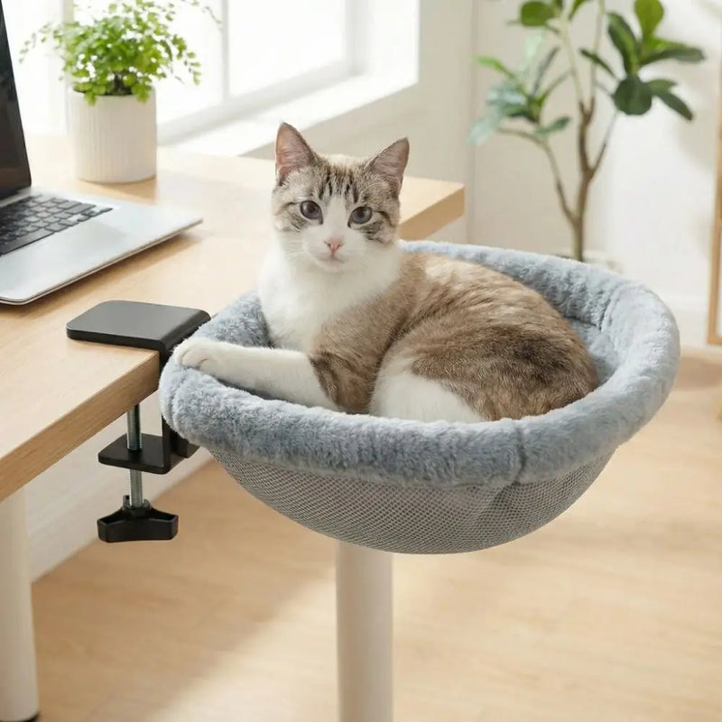 Hamac pour Chat de Table à Pince, Assise Creuse en Peluche Grise à Housse Zippée, 44 x 46 cm, vue 2