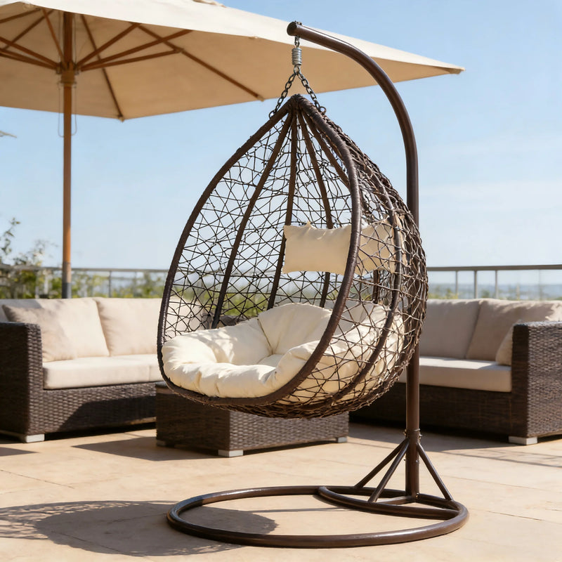 Fauteuil Suspendu Œuf 2 Places Tressé Marron, Coussin Crème et Deux Oreillers, vue 2
