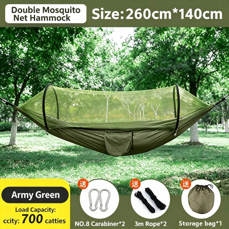 Hamac 2 Places avec Moustiquaire à Arceaux, Vert Militaire, 260 x 140 cm, Sac Inclus