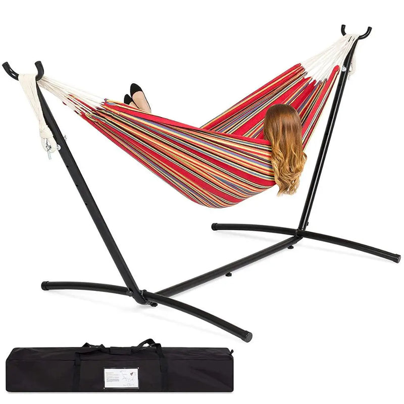 Hamac Double en Coton Rayé avec Support en Acier 9 Pieds et Sac de Transport, vue 7