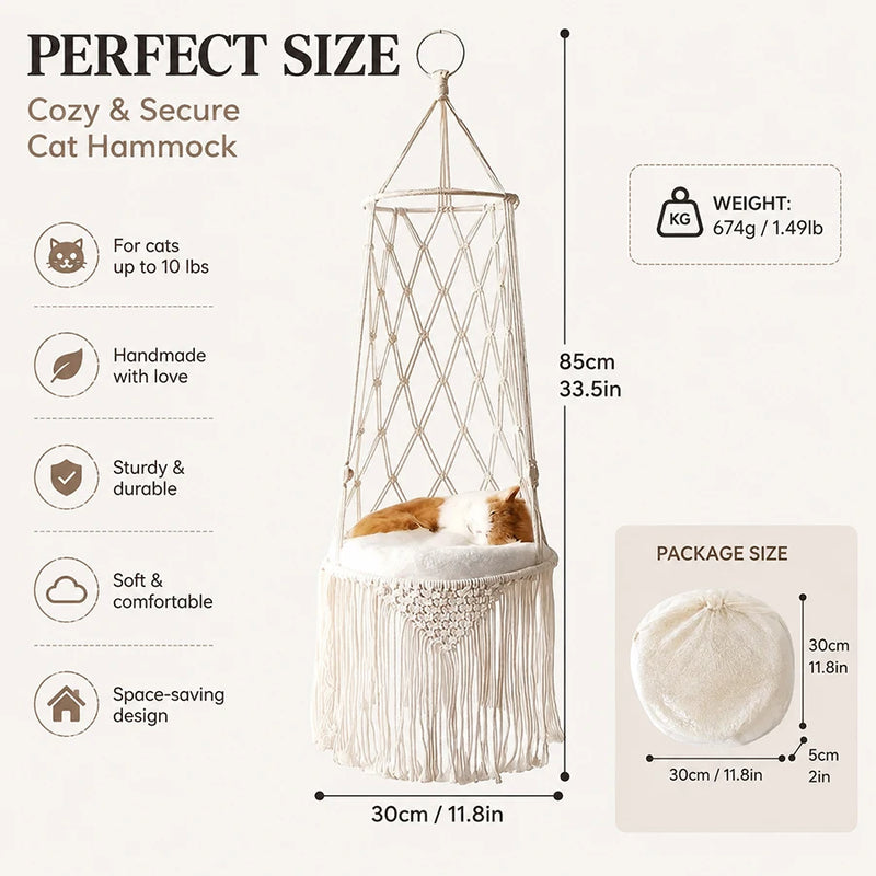 Hamac pour Chat Suspendu en Macramé de Coton, Panier à Franges, 5 Modèles de 21 à 40 cm, vue 8