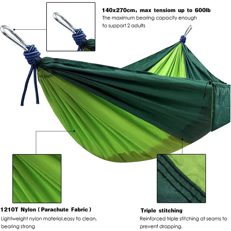 Hamac de Camping 2 Places en Nylon Parachute 210T, Vert Bicolore, 270 x 140 cm