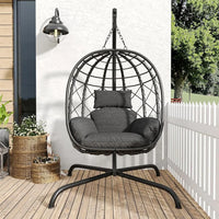 Fauteuil Suspendu Œuf en Résine Tressée Noire avec Pied et Coussin Gris, vue 3