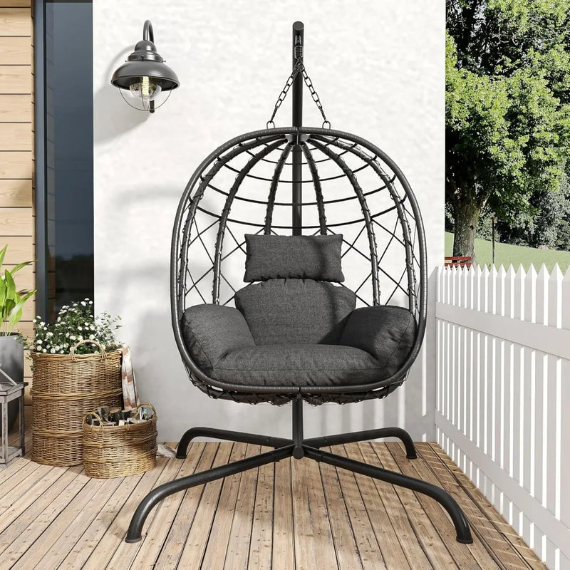 Fauteuil Suspendu Œuf en Résine Tressée Noire avec Pied et Coussin Gris, vue 3