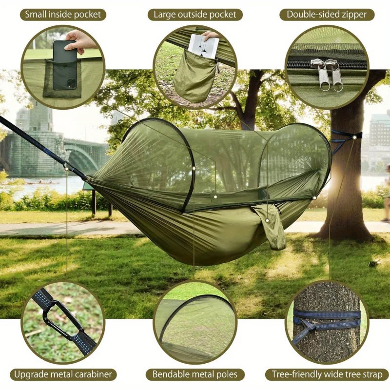 Hamac de Camping avec Moustiquaire Intégrée, Nylon Ultra-léger 720 g, Sangles et Mousquetons, vue 4