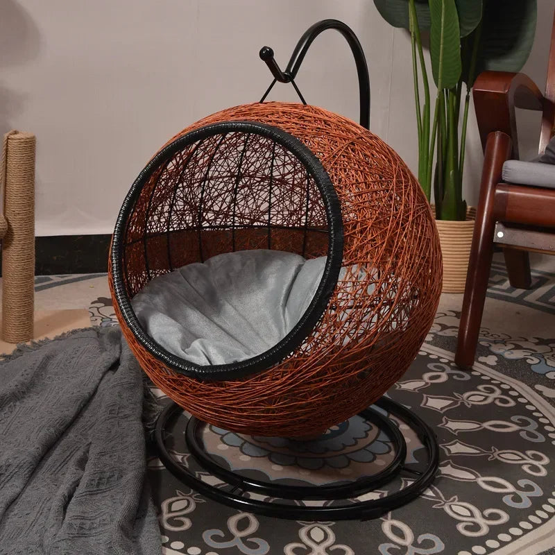 Hamac pour Chat Suspendu, Nid Rond Tressé avec Support en Fer