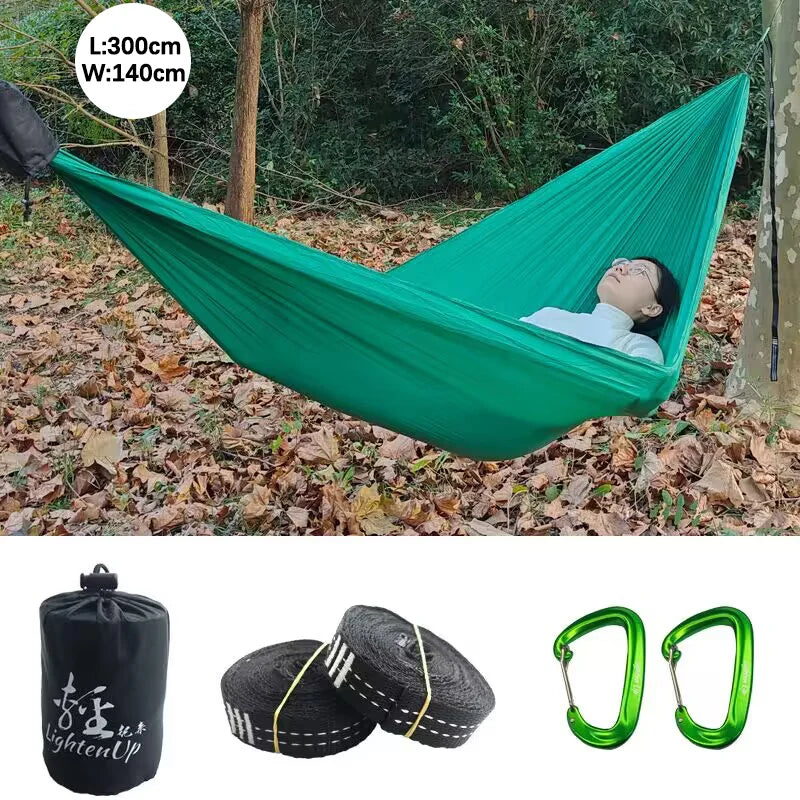 Hamac de Camping Ultraléger Double en Nylon, 300 x 140 cm, Sangles et Mousquetons, vue 7