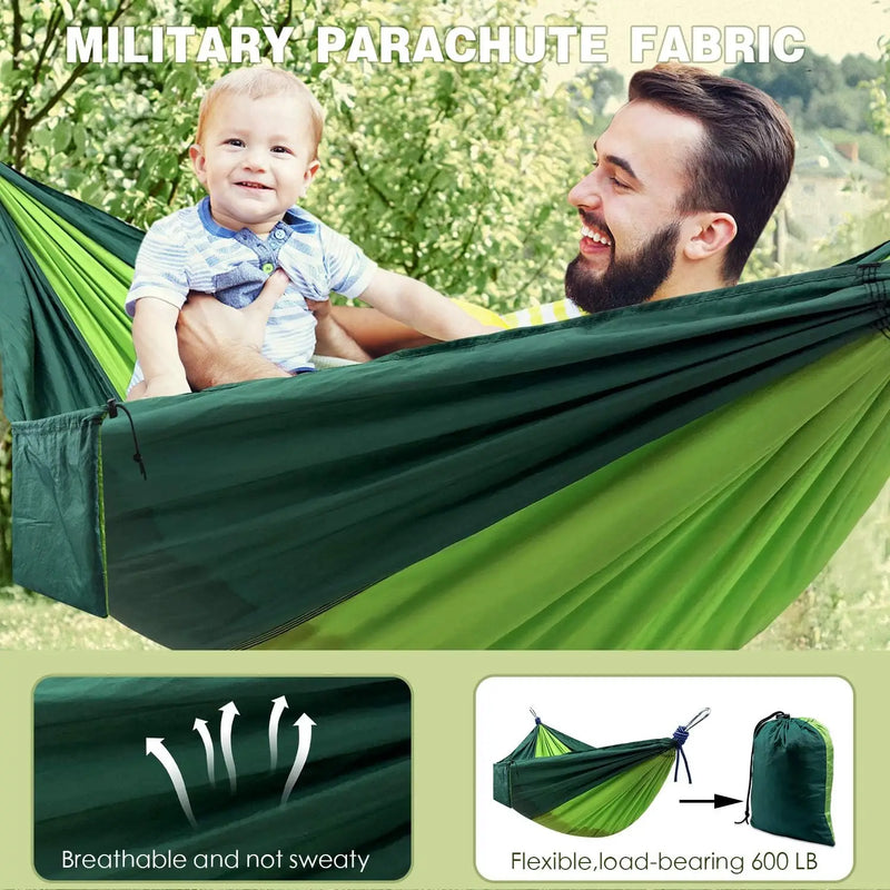 Hamac de Camping 2 Places en Nylon Parachute 210T, Vert Bicolore, 270 x 140 cm, vue 4