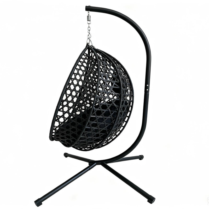 Fauteuil Suspendu Pliable Tressé Noir avec Pied en C et Coussin Noir, vue 6
