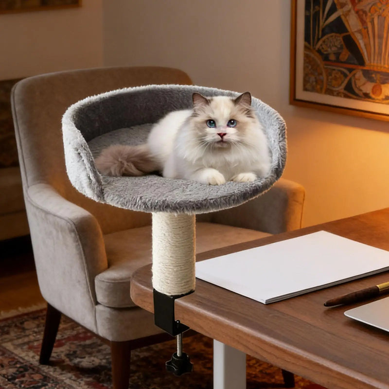 Hamac Chat Bureau à Pince, Panier Rond avec Griffoir en Sisal, Gris, vue 6