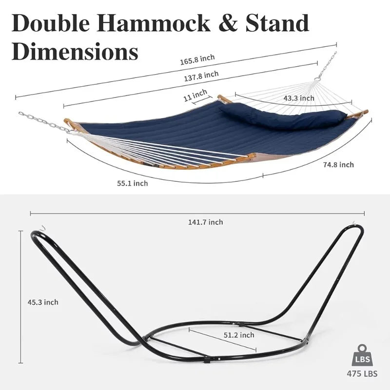 Hamac Double sur Pied en Métal Noir, Toile Matelassée Bleu Marine, vue 5