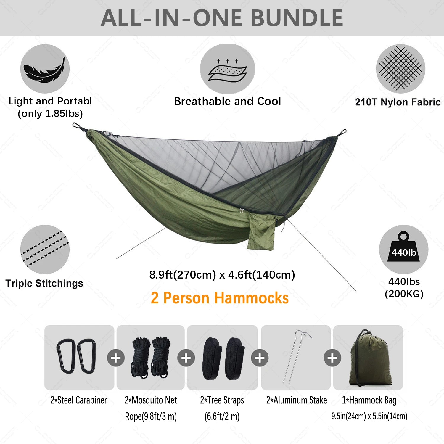 Hamac de Camping 2 en 1 avec Moustiquaire, Nylon 210T, 270 x 140 cm