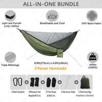 Hamac de Camping 2 en 1 avec Moustiquaire, Nylon 210T, 270 x 140 cm