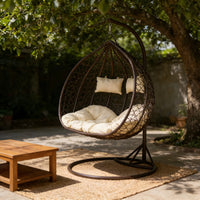 Fauteuil Suspendu Œuf 2 Places Tressé Marron, Coussin Crème et Deux Oreillers, vue 3
