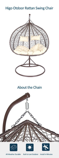 Fauteuil Suspendu Œuf 2 Places Tressé Marron, Coussin Crème et Deux Oreillers, vue 6