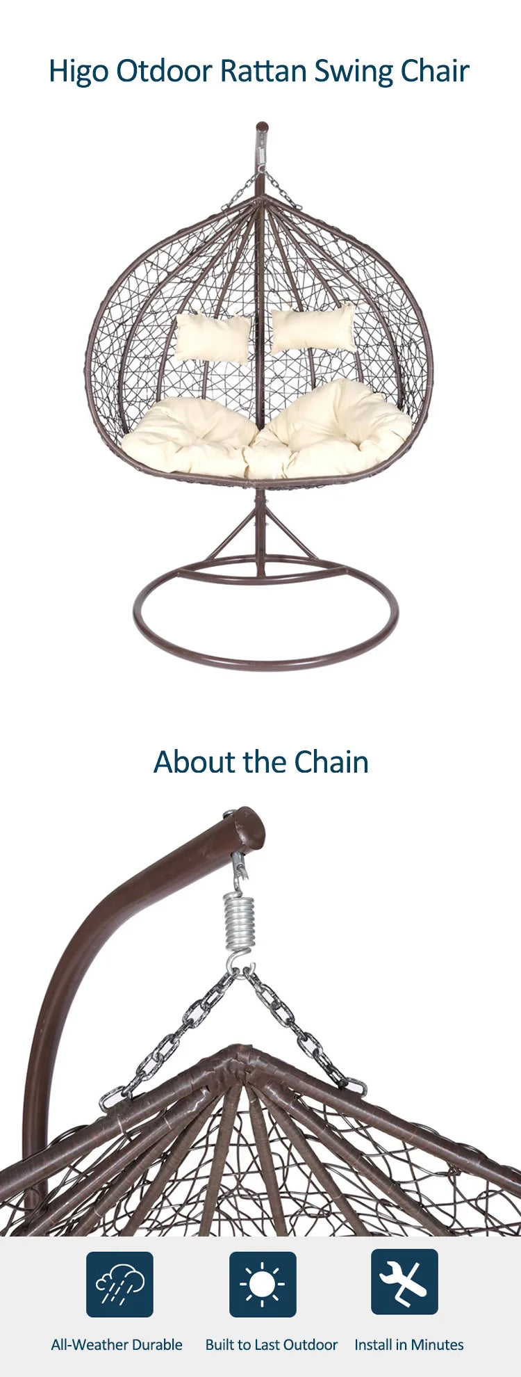 Fauteuil Suspendu Œuf 2 Places Tressé Marron, Coussin Crème et Deux Oreillers, vue 6