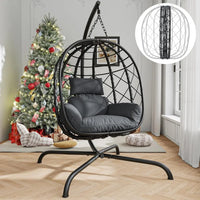 Fauteuil Suspendu Œuf en Résine Tressée Noire avec Pied et Coussin Gris, vue 5