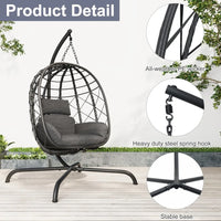 Fauteuil Suspendu Œuf en Résine Tressée Noire avec Pied et Coussin Gris, vue 6
