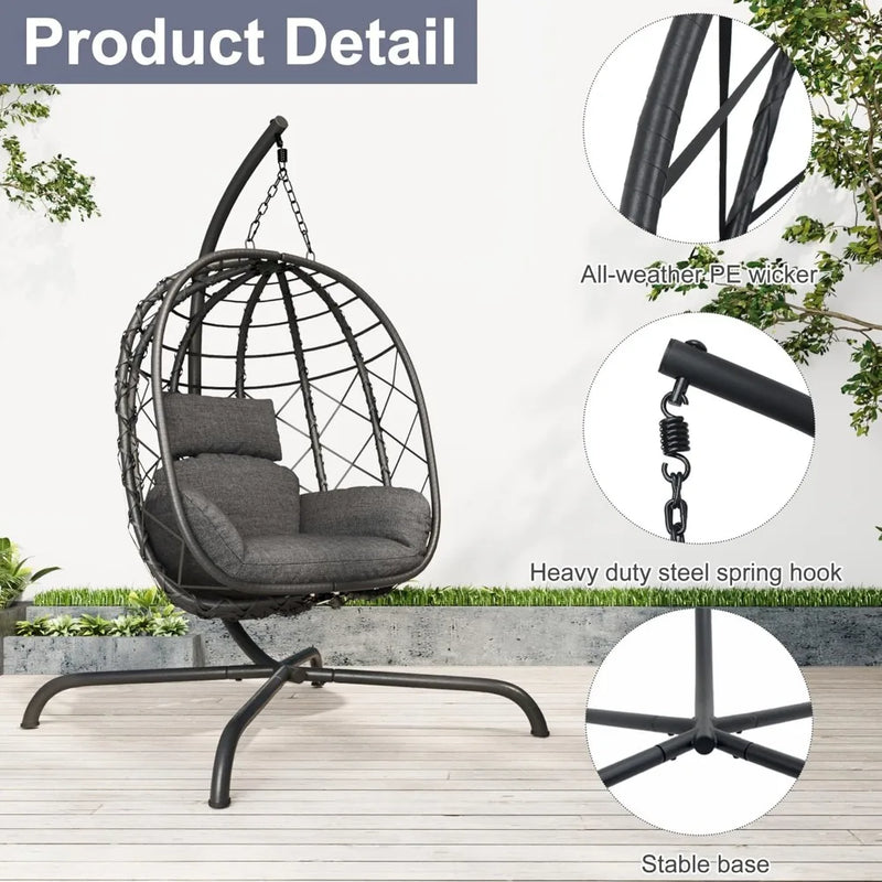 Fauteuil Suspendu Œuf en Résine Tressée Noire avec Pied et Coussin Gris, vue 6