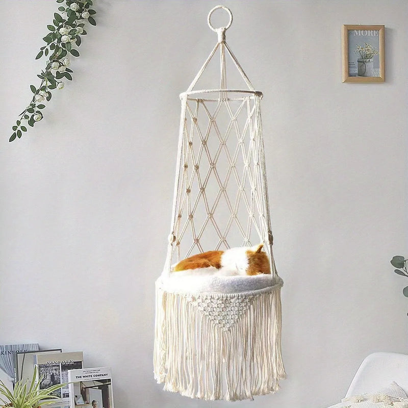 Hamac pour Chat Suspendu en Macramé Blanc Cassé à Longues Franges, Taille M ou L