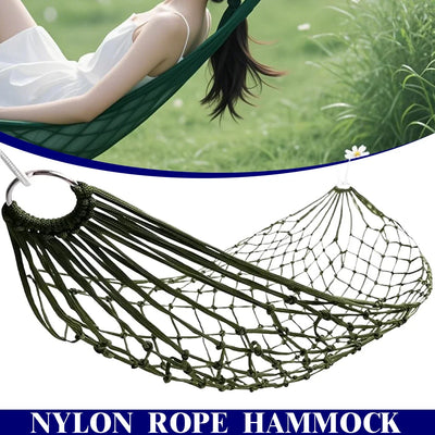 Hamac Filet en Corde Vert Militaire, 240 x 80 cm, avec Anneaux Métalliques