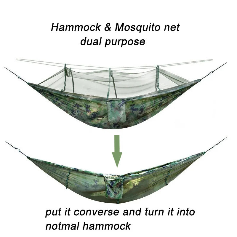 Hamac de Camping Camouflage Réversible avec Moustiquaire, 1 Place, Sangles et Mousquetons, vue 2