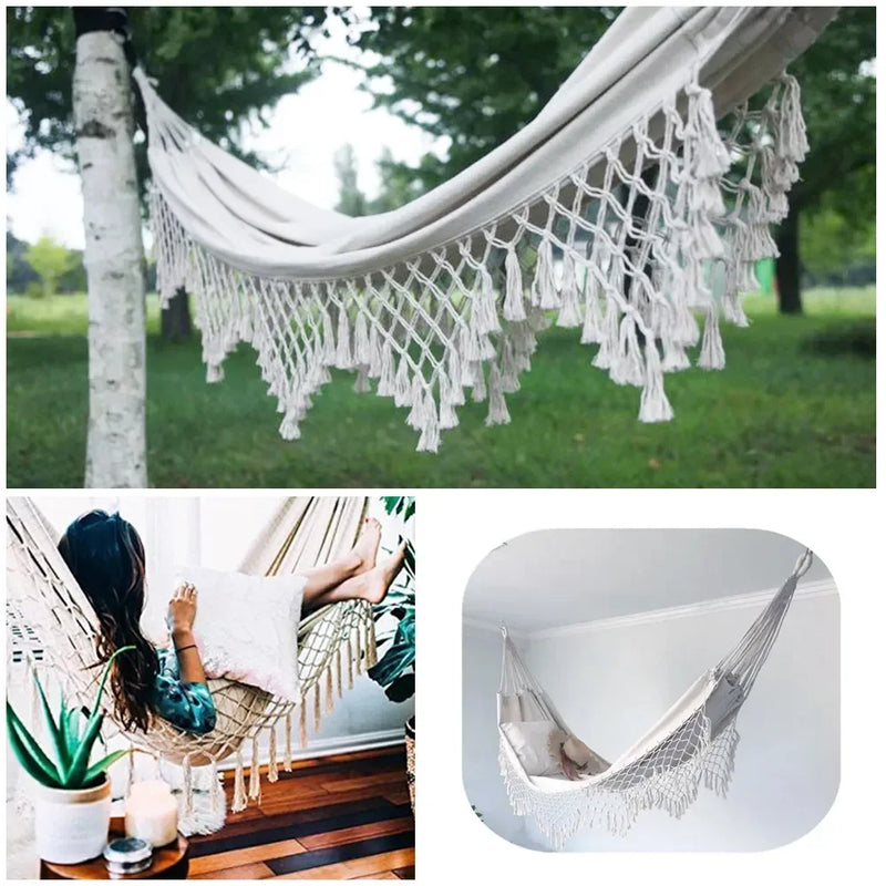Hamac Macramé à Franges, Toile Blanc Cassé 200 x 100 cm, Charge Annoncée 120 kg, vue 2